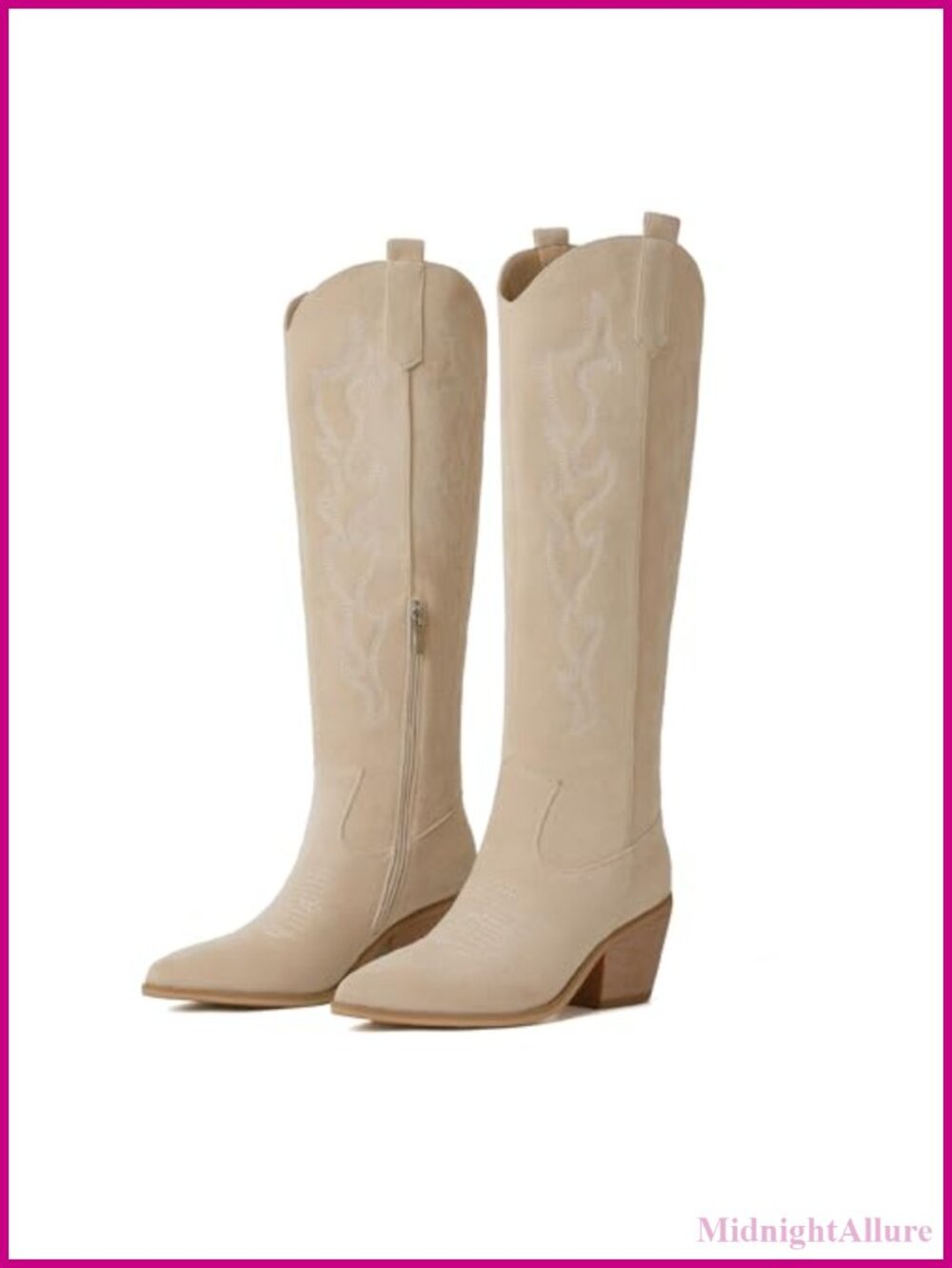 Embroidered Faux Suede Cowboy Boots Knee High Chunky Heel